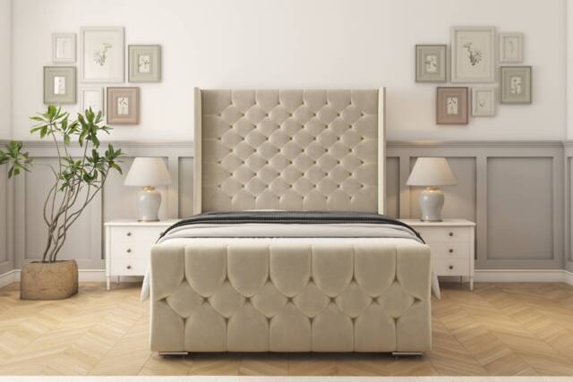"Sloomy Luthor Cream Plush Bed Frame With 50"" Upholstered Wingback Headboard 4'6 Double"