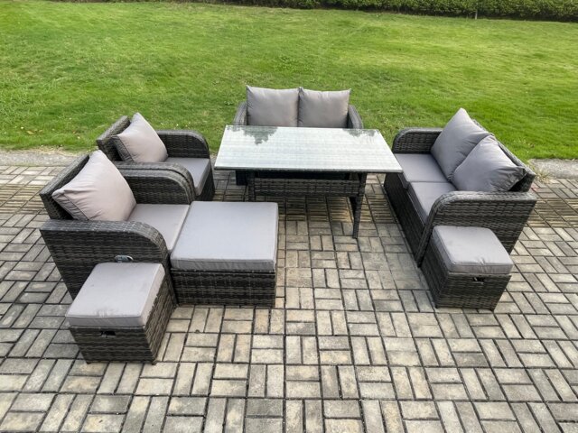 Fimous Outdoor Rattan Garden Furniture 8 piece Grey Patio Furniture Set 9 Seater Lounge Sofa Set with Rectangular Table Reclining Chairs 3 Stools