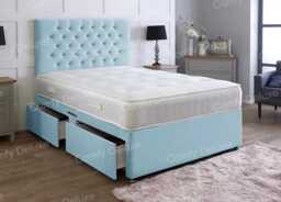 4ft6 Double Sky Blue Plush Velvet Divan Bed With Headboard & Memory Sprung Mattress 2 Drawers One Each Side