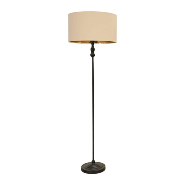 ValueLights Maggie Black Candlestick Floor Lamp Beige Gold Shade and Bulb