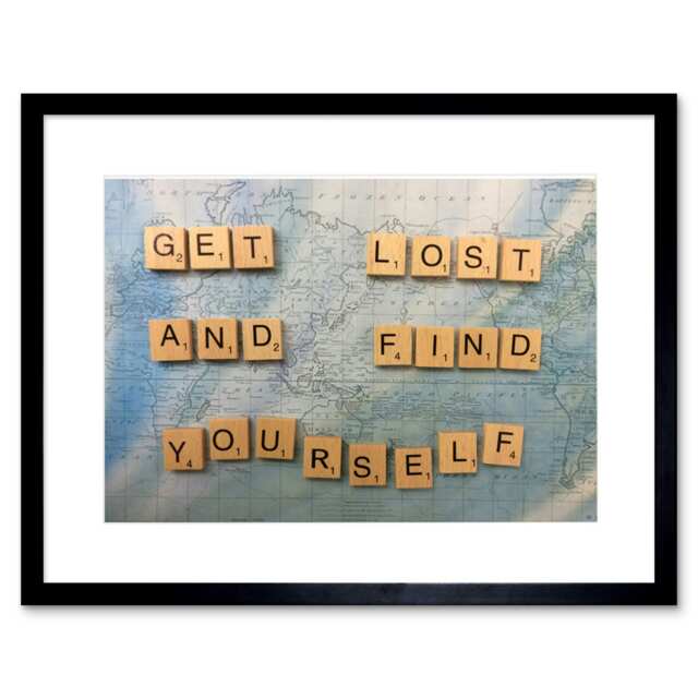 "Get Lost Find Yourself Travel Scrabble 9x7"" Black Framed Wall Art Print"