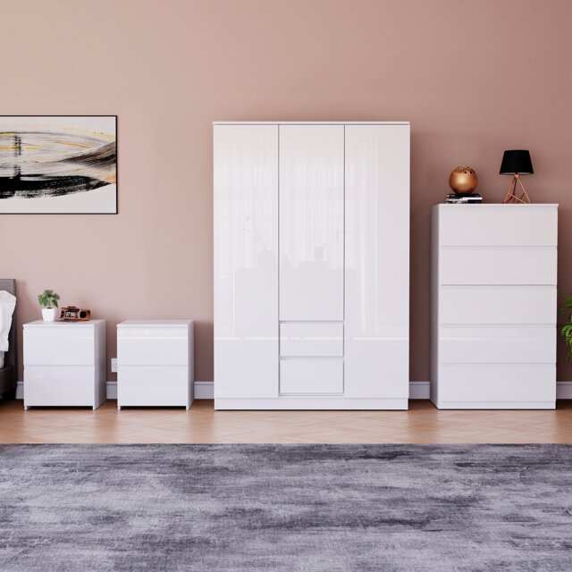 Vida Designs Glinton 4 Piece FSC Certified Bedroom Set (2 Drawer Bedside Chest x2, 5 Drawer Chest, 3 Door 2 Drawer Wardrobe), White White White L 4