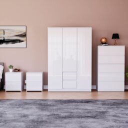 Vida Designs Glinton 4 Piece FSC Certified Bedroom Set (2 Drawer Bedside Chest x2, 5 Drawer Chest, 3 Door 2 Drawer Wardrobe), White White White L 4
