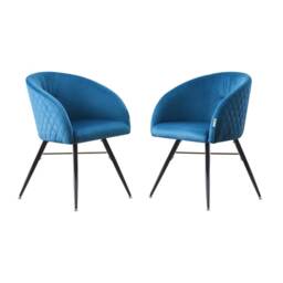 Set of 2 Vittorio Velvet Dining Chairs with Black Metal Legs, Quilted Design Modern Accent Chair Blue
