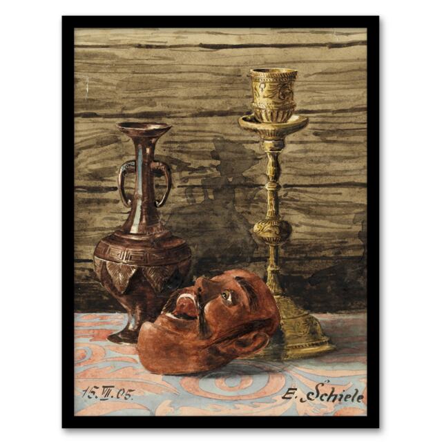 "Candlestick Vase and Mask Still Life Framed Wall Art Print Egon Schiele 12x16"""