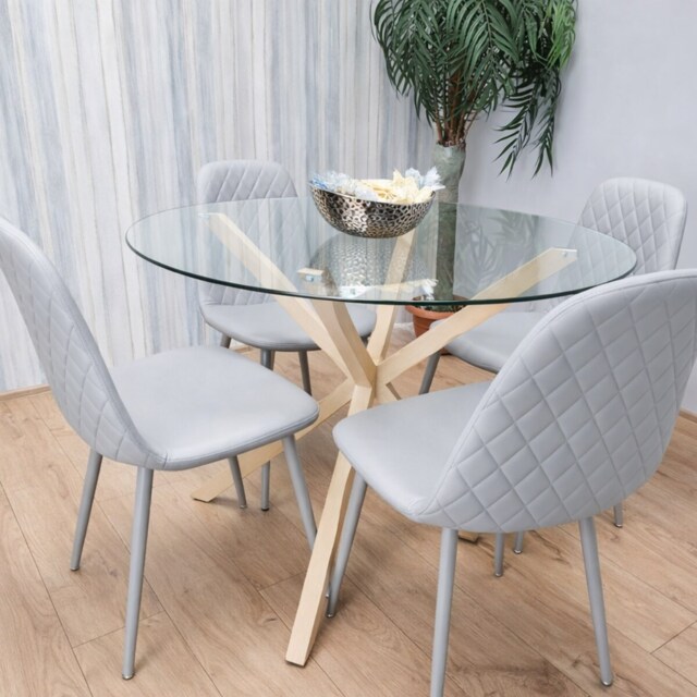 Round Glass Dining Table Set With 4 Grey Gem Pattern Chairs Dining Room Furniture
