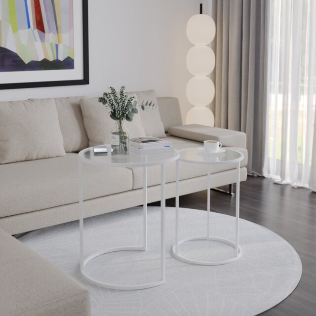2 Piece Round Nesting Side Tables Set Tempered Glass Top Metal Leg Coffee Tables Multi White Legs Transparent Glass