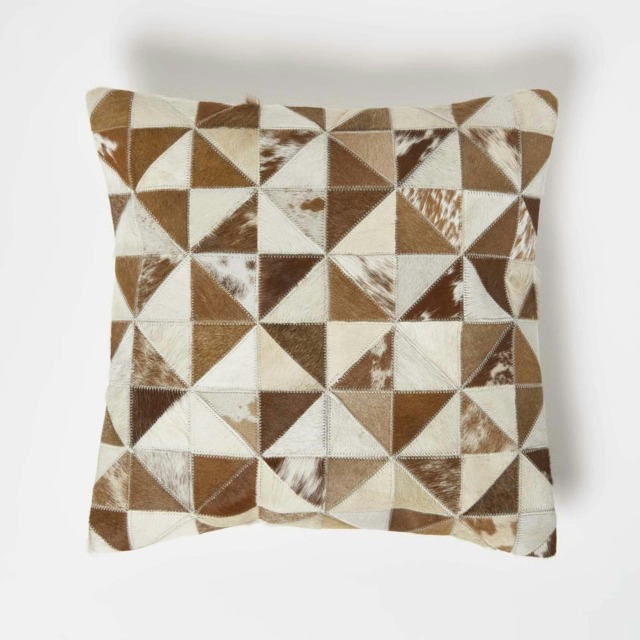 Homescapes Diamond Check Brown & Cream Hide Leather Cushion - 45 x 45 cm