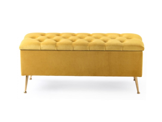 90cm Amara Chesterfield Ottoman Storage Bench - Plush Velvet Shoes Bench - Mustard Gold Upholstery Footstool Storage with Legs