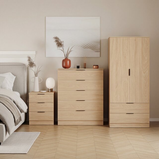 Vida Designs Trega 3 Piece Bedroom Set (3 Drawer Bedside Chest, 5 Drawer Chest, 2 Door 2 Drawer Wardrobe) Pine