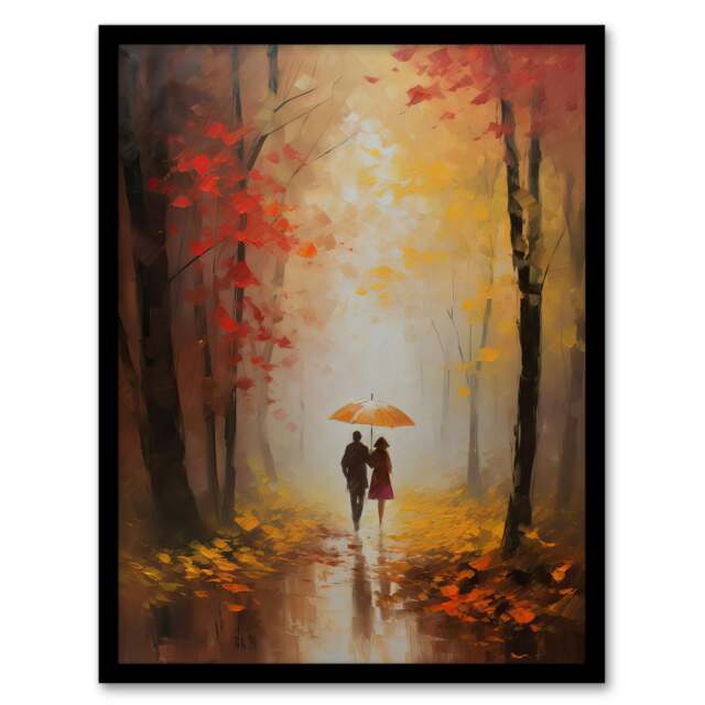 Romantic Stroll Umbrella Oil Orange Red Autumn Forest Black Framed Wall Art Print A4