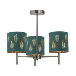 Brea - Antique Brass 3 Light Fitting with Dark Green Fern Shades Yellow Green 1