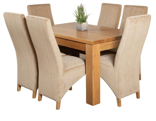 Dakota 127 x 82cm Oak Small Dining Table and 6 Lola Fabric Chairs Brown Beige