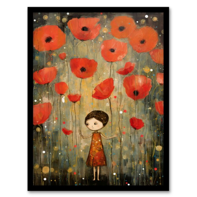 Poppy Dream Elegant Flower Floral Girl Bedroom Black Framed Wall Art Print A4