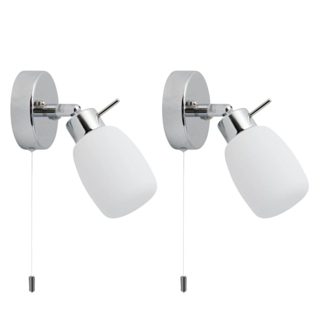 Set of 2 Brom - Chrome IP44 Pull Cord Bathroom Wall Lights Chrome Polished chrome plate and opal glass Small 2