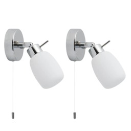 Set of 2 Brom - Chrome IP44 Pull Cord Bathroom Wall Lights Chrome Polished chrome plate and opal glass Small 2