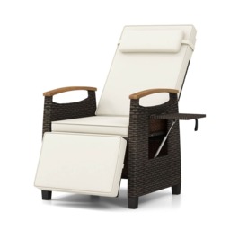 Patio Recliner with Fold-up Side Tray, PE Wicker Reclining Lounger with Adjustable Backrest, Pull-out Footrest & Acacia Wood Armrests, Outdoor Lounge Chair for Porch, Backyard & Poolside