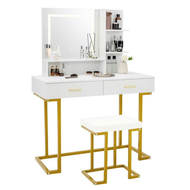 COSTWAY Vanity Table Set Makeup Dressing Table Cushioned Stool White
