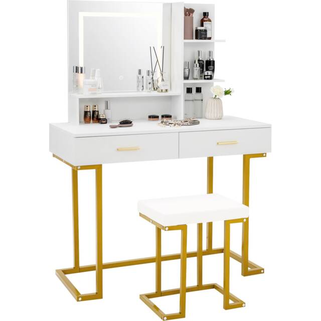 COSTWAY Vanity Table Set Makeup Dressing Table Cushioned Stool White