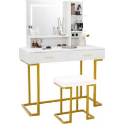 COSTWAY Vanity Table Set Makeup Dressing Table Cushioned Stool White