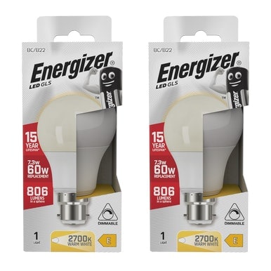 Energizer LED GLS B22 806lm 7.3W 3000K (Warm White) Dimmable Light Bulb - Pack of 2
