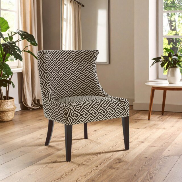 Interiors by Premier Greek Key Design Wingback Lounge Chair, Black & Beige Jacquard Upholstery, Solid Birchwood Legs Multi