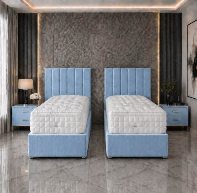 6ft Superking Zip Link 6x3 Length Sky Blue Plush Divan Bed Full Set 4 Drawers