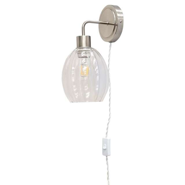 Toby - Satin Nickel Plug in Wall Light with Birch Fluted Glass Shade
