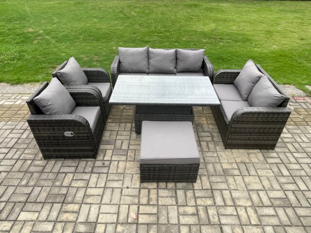 Fimous Rattan Outdoor Garden Furniture Sets Height Adjustable Rising lifting Dining Table Reclining Chair Sofa Set with Big Footstool Dark Grey Mixed