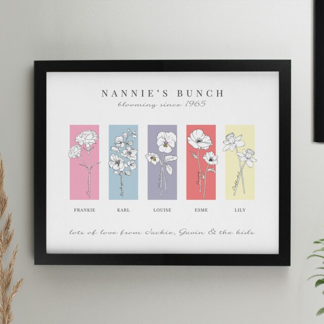Personalised Birth Flower Family of 5 Black Framed Print Black One Size