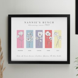 Personalised Birth Flower Family of 5 Black Framed Print Black One Size