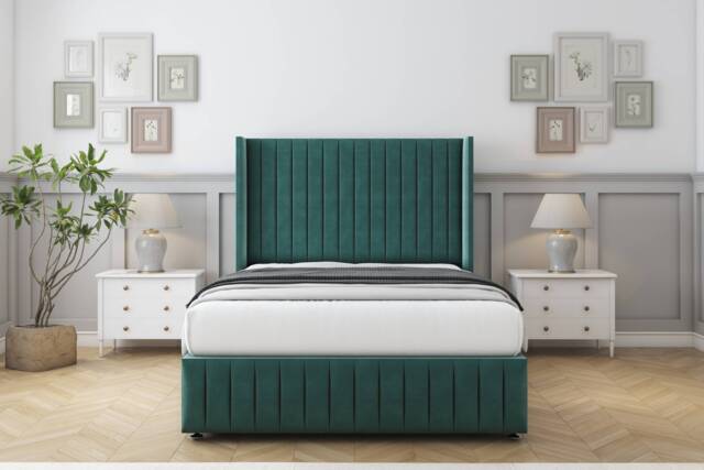 "Sloomy Marlborough Emerald Plush Divan Bed With Mattress No Drawers With 54"" Wingback Headboard & 12"" Matching Footboard 3' Single Green Emerald Single 1"