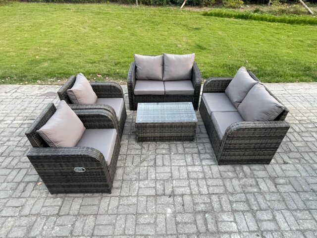 Fimous Rattan Garden Furniture Set Patio Outdoor Lounge Sofa Set with 2 Reclining Chairs Rectangular Coffee Table Dark Grey Mixed