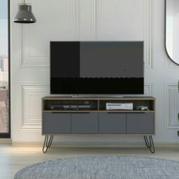 Vegas Grey and Bleached Oak Wide 4-Door TV Unit - Modern Media Cabinet with Storage and Shelves Brown Brown 1