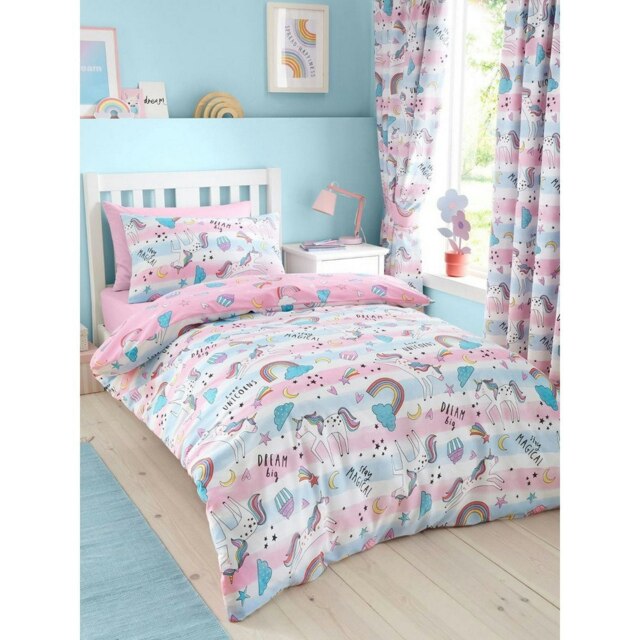 Portfolio Home Dreamy Unicorns Duvet Cover Set - Pink/Blue/Multicoloured - Single Pink Single