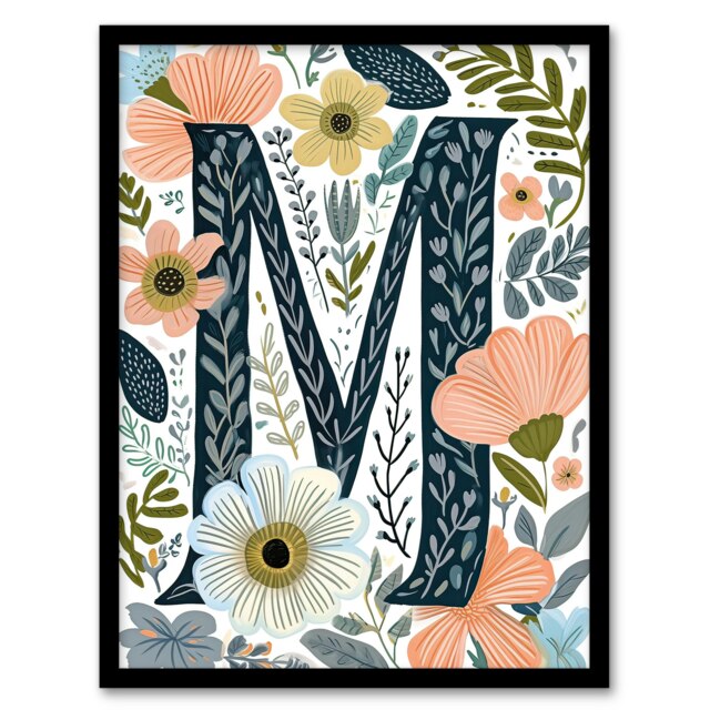 Letter M Flowers Floral Birthday Gift Mum Black Framed Wall Art Print A4