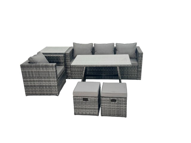 Fimous Rattan Dining Table Sofa Armchair Set with Side Table Small Footstool Outdoor Garden Furniture Set Dark Grey Mixed
