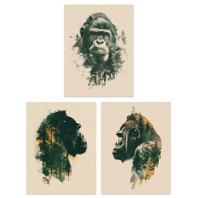Set of 3 Double Exposure Gorilla Ape Forest Living Room 12X16 Inch Wall Art Prints Pack