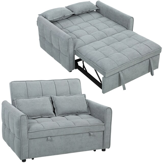 HOMCOM 2 Seater Sofa Bed, 3-in-1 Convertible Sleeper Sofa with Click-clack Adjustable Backrest and 2 Pillows, Pull Out Corn Velvet-feel Fabric Bed Settee for Living Room, Guest Room, Grey Grey