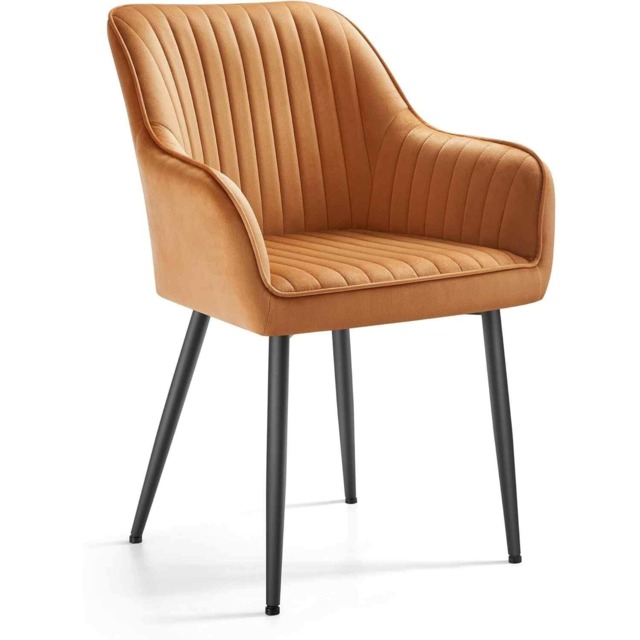 Upholstered Velvet Kitchen Chair with Armrests, Modern Dining Chair with Metal Legs, Caramel Brown and Ink Black