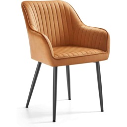 Upholstered Velvet Kitchen Chair with Armrests, Modern Dining Chair with Metal Legs, Caramel Brown and Ink Black