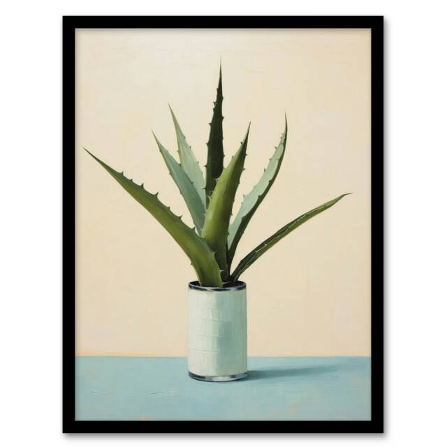 Potted Aloe Vera Pastel Colour Pink Botanical Black Framed Wall Art Print A4