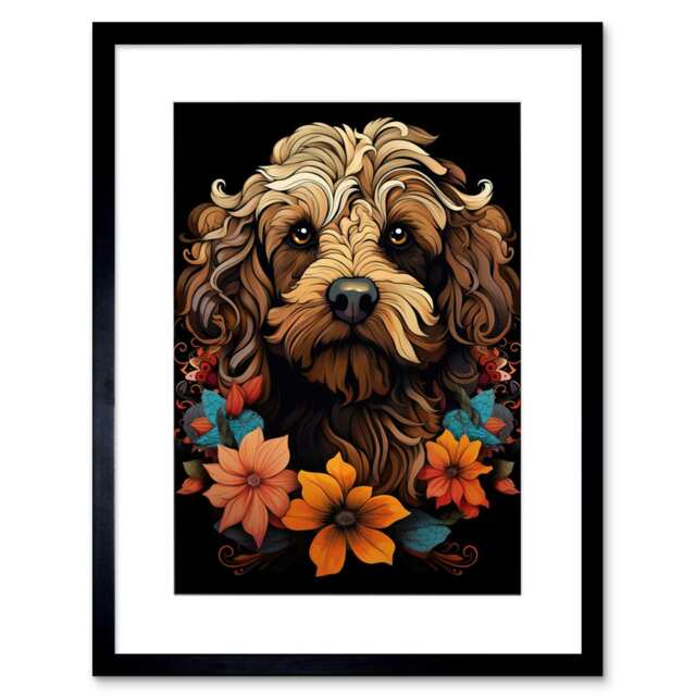 "Cockapoo Dog Flowers Orange Brown Blue Floral 9x7"" Black Framed Wall Art Print"