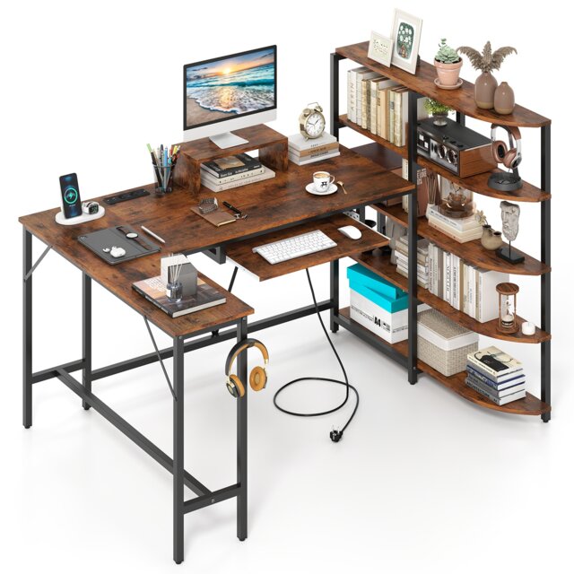 COSTWAY L Shaped Desk with Corner Computer Desk Brown