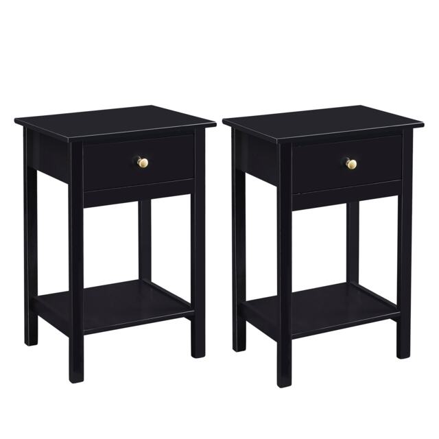 Bedside Table Solid Wooden with large Open Shelf and Drawer Black Set of Two Arlo Black Black