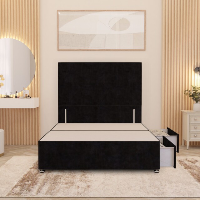 Divan Bed Base with 2 Drawers & Plain Floor Standing Headboard Plush Velvet Black Black