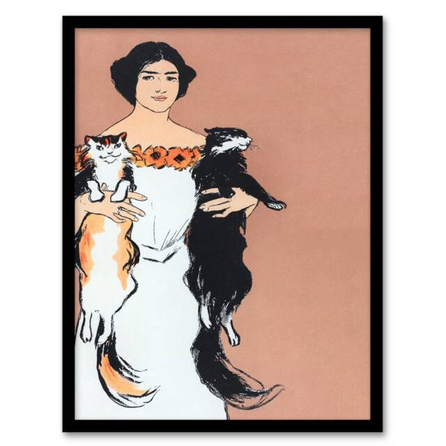 Edward Penfield Framed Wall Art Print Woman Holding Two Cats Drawing Home Décor