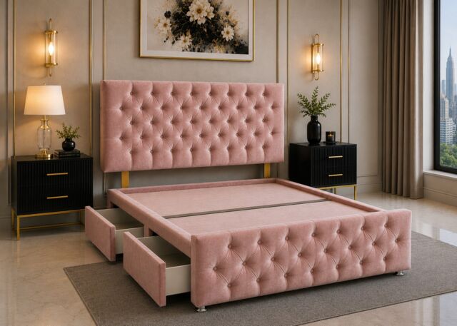 Divan Bed with Upholstered Headboard & Footboard Base 4FT Small Double Pink Coniston No Storage