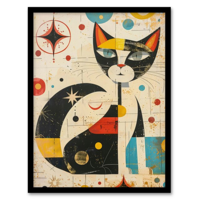 Quirky Abstract Mid Century Modern Atomic Cat Lover Black Framed Wall Art Print A4