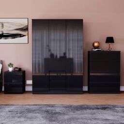 Vida Designs Glinton 3 Piece FSC Certified Bedroom Set (2 Drawer Bedside Chest, 4 Drawer Chest, 3 Door 2 Drawer Wardrobe), Black Black Black L 3